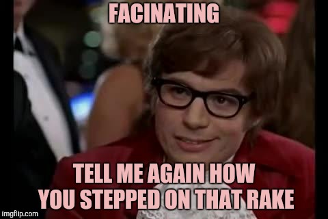 Austin Powers | FACINATING TELL ME AGAIN HOW YOU STEPPED ON THAT RAKE | image tagged in austin powers | made w/ Imgflip meme maker