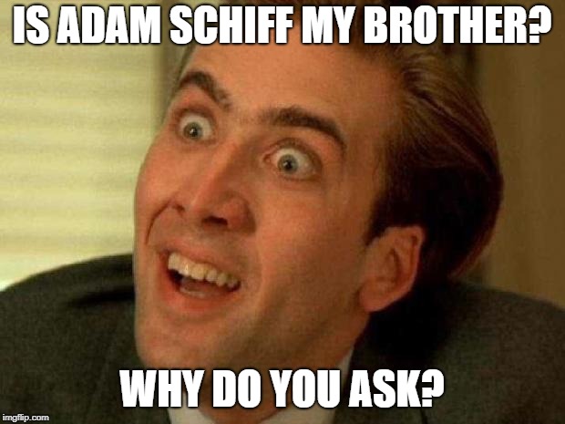 Is Adam Schiff my brother? | IS ADAM SCHIFF MY BROTHER? WHY DO YOU ASK? | image tagged in nicolas cage,adam schiff,brother | made w/ Imgflip meme maker