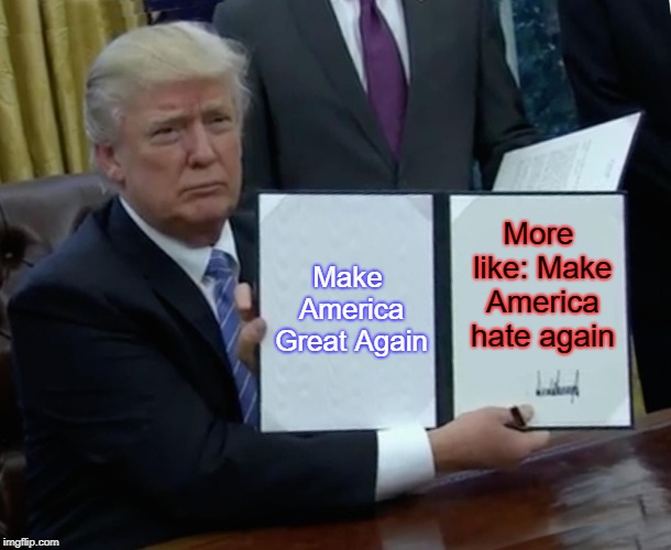 Make America Hate Again | Make America Great Again; More like: Make America hate again | image tagged in memes,trump bill signing,politics,make america great again | made w/ Imgflip meme maker