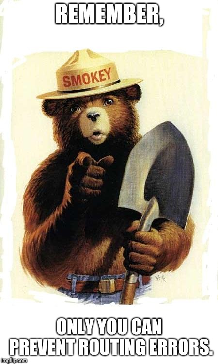 Smokey The Bear | REMEMBER, ONLY YOU CAN PREVENT ROUTING ERRORS. | image tagged in smokey the bear | made w/ Imgflip meme maker