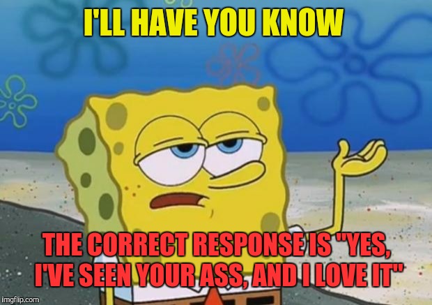 spongebob i'll have you know | I'LL HAVE YOU KNOW THE CORRECT RESPONSE IS "YES, I'VE SEEN YOUR ASS, AND I LOVE IT" | image tagged in spongebob i'll have you know | made w/ Imgflip meme maker