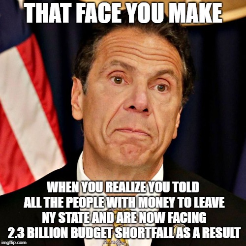 When reality meets Cuomo's lofty, progressive, dreams - Andrew becomes quite the sad looking puppy dog. | THAT FACE YOU MAKE; WHEN YOU REALIZE YOU TOLD ALL THE PEOPLE WITH MONEY TO LEAVE NY STATE AND ARE NOW FACING 2.3 BILLION BUDGET SHORTFALL AS A RESULT | image tagged in empire state,new york,progressive,ny budget shortfall,deficit,ny city | made w/ Imgflip meme maker