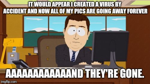 Aaaaand Its Gone | IT WOULD APPEAR I CREATED A VIRUS BY ACCIDENT AND NOW ALL OF MY PICS ARE GOING AWAY FOREVER; AAAAAAAAAAAAND THEY'RE GONE. | image tagged in memes,aaaaand its gone | made w/ Imgflip meme maker
