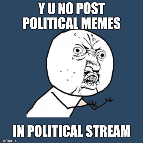 Y U No Meme | Y U NO POST POLITICAL MEMES IN POLITICAL STREAM | image tagged in memes,y u no | made w/ Imgflip meme maker