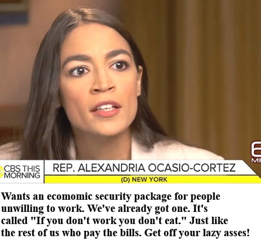 The Stupid is Strong in This One | Wants an ecomomic security package for people unwilling to work. We've already got one. It's called "If you don't work you don't eat." Just like the rest of us who pay the bills. Get off your lazy asses! | image tagged in alexandria ocasio-cortez,liberalism is a mental illness,stuck on stupid | made w/ Imgflip meme maker