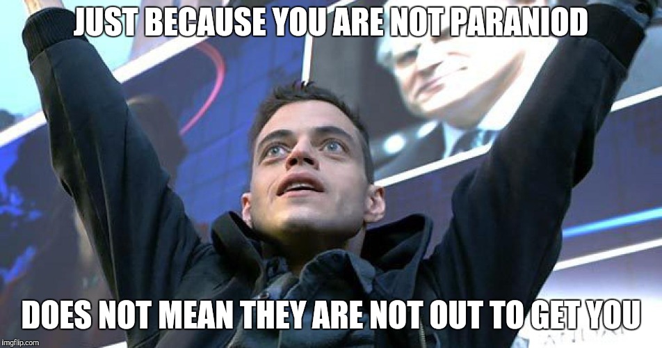mr robot | JUST BECAUSE YOU ARE NOT PARANIOD DOES NOT MEAN THEY ARE NOT OUT TO GET YOU | image tagged in mr robot | made w/ Imgflip meme maker