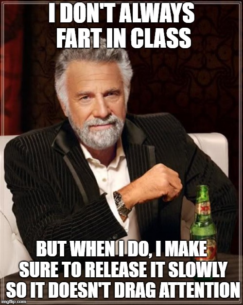The Most Interesting Man In The World | I DON'T ALWAYS FART IN CLASS; BUT WHEN I DO, I MAKE SURE TO RELEASE IT SLOWLY SO IT DOESN'T DRAG ATTENTION | image tagged in memes,the most interesting man in the world | made w/ Imgflip meme maker