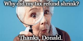 . | Why did my tax refund shrink? Thanks, Donald. | image tagged in old lady magnifying glass,irs,tax refund,trump | made w/ Imgflip meme maker