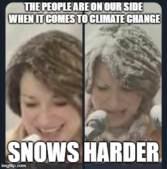 Klobuchar Snow | THE PEOPLE ARE ON OUR SIDE WHEN IT COMES TO CLIMATE CHANGE; SNOWS HARDER | image tagged in politics | made w/ Imgflip meme maker