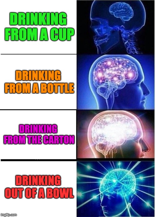 Expanding Brain Meme | DRINKING FROM A CUP; DRINKING FROM A BOTTLE; DRINKING FROM THE CARTON; DRINKING OUT OF A BOWL | image tagged in memes,expanding brain | made w/ Imgflip meme maker