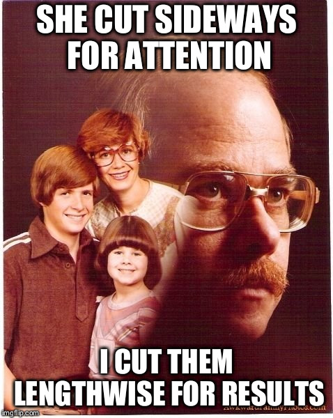 Vengeance Dad | SHE CUT SIDEWAYS FOR ATTENTION; I CUT THEM LENGTHWISE FOR RESULTS | image tagged in memes,vengeance dad | made w/ Imgflip meme maker