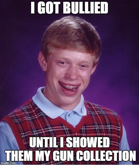 Bad Luck Brian Meme | I GOT BULLIED; UNTIL I SHOWED THEM MY GUN COLLECTION | image tagged in memes,bad luck brian | made w/ Imgflip meme maker