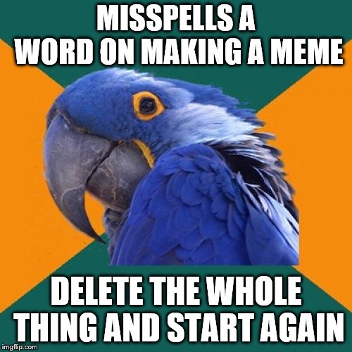 Paranoid grammar-Nazi-victim | MISSPELLS A WORD ON MAKING A MEME; DELETE THE WHOLE THING AND START AGAIN | image tagged in memes,paranoid parrot | made w/ Imgflip meme maker