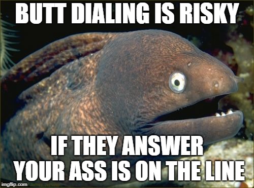 bad joke reposter | BUTT DIALING IS RISKY; IF THEY ANSWER YOUR ASS IS ON THE LINE | image tagged in memes,bad joke eel | made w/ Imgflip meme maker