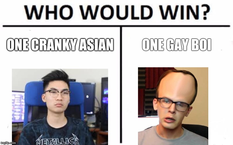 Who Would Win? Meme | ONE CRANKY ASIAN; ONE GAY BOI | image tagged in memes,who would win | made w/ Imgflip meme maker