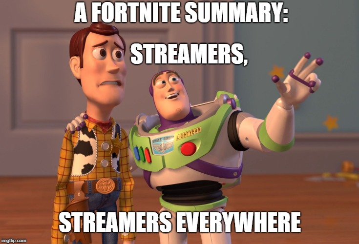 X, X Everywhere | A FORTNITE SUMMARY:; STREAMERS, STREAMERS EVERYWHERE | image tagged in memes,x x everywhere | made w/ Imgflip meme maker