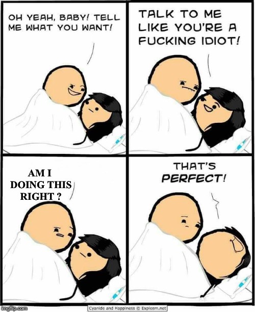 Cyanide and Happiness idiot | AM I DOING THIS RIGHT ? | image tagged in cyanide and happiness idiot | made w/ Imgflip meme maker