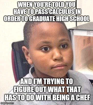 Minor Mistake Marvin | WHEN YOU'RE TOLD YOU HAVE TO PASS CALCULUS IN ORDER TO GRADUATE HIGH SCHOOL; AND I'M TRYING TO FIGURE OUT WHAT THAT HAS TO DO WITH BEING A CHEF | image tagged in memes,minor mistake marvin | made w/ Imgflip meme maker