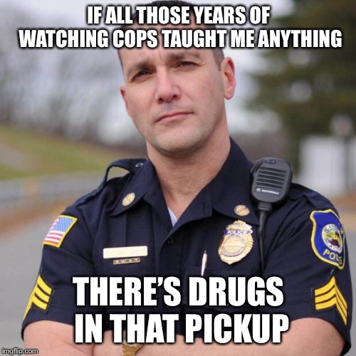 Cop | IF ALL THOSE YEARS OF WATCHING COPS TAUGHT ME ANYTHING THERE’S DRUGS IN THAT PICKUP | image tagged in cop | made w/ Imgflip meme maker