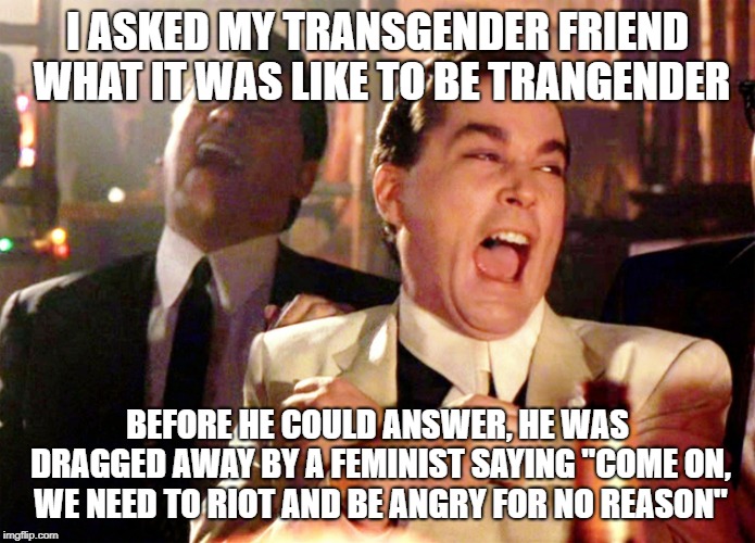 Good Fellas Hilarious | I ASKED MY TRANSGENDER FRIEND WHAT IT WAS LIKE TO BE TRANGENDER; BEFORE HE COULD ANSWER, HE WAS DRAGGED AWAY BY A FEMINIST SAYING "COME ON, WE NEED TO RIOT AND BE ANGRY FOR NO REASON" | image tagged in memes,good fellas hilarious | made w/ Imgflip meme maker