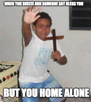 Scared Kid | WHEN YOU SNEEZE AND SOMEONE SAY BLESS YOU; BUT YOU HOME ALONE | image tagged in scared kid | made w/ Imgflip meme maker
