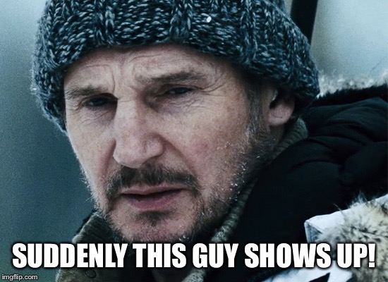 liam neeson into the grey | SUDDENLY THIS GUY SHOWS UP! | image tagged in liam neeson into the grey | made w/ Imgflip meme maker