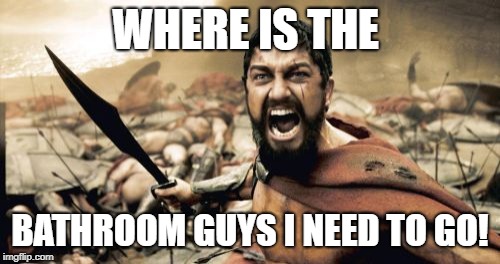 Sparta Leonidas Meme | WHERE IS THE; BATHROOM GUYS I NEED TO GO! | image tagged in memes,sparta leonidas | made w/ Imgflip meme maker