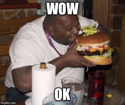 Fat guy eating burger | WOW OK | image tagged in fat guy eating burger | made w/ Imgflip meme maker