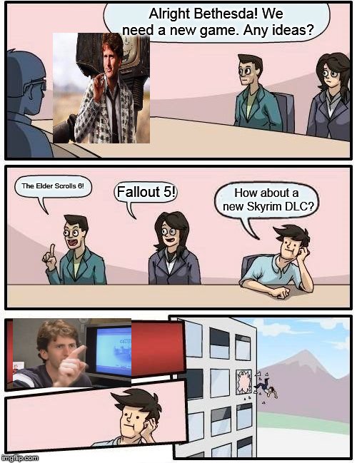They Really do need another Skyrim DLC | Alright Bethesda! We need a new game. Any ideas? The Elder Scrolls 6! Fallout 5! How about a new Skyrim DLC? | image tagged in boardroom meeting suggestion,todd howard,bethesda games,skyrim,fallout | made w/ Imgflip meme maker