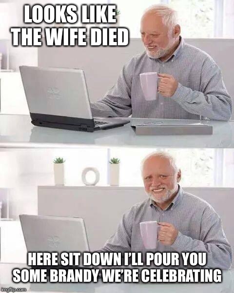 Hide the Pain Harold Meme | LOOKS LIKE THE WIFE DIED; HERE SIT DOWN I’LL POUR YOU SOME BRANDY WE’RE CELEBRATING | image tagged in memes,hide the pain harold | made w/ Imgflip meme maker