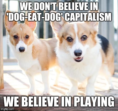 capitalism | WE DON'T BELIEVE IN 'DOG-EAT-DOG' CAPITALISM; WE BELIEVE IN PLAYING | image tagged in dog,funlover | made w/ Imgflip meme maker