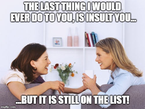 Women talking | THE LAST THING I WOULD EVER DO TO YOU, IS INSULT YOU... ...BUT IT IS STILL ON THE LIST! | image tagged in women talking | made w/ Imgflip meme maker
