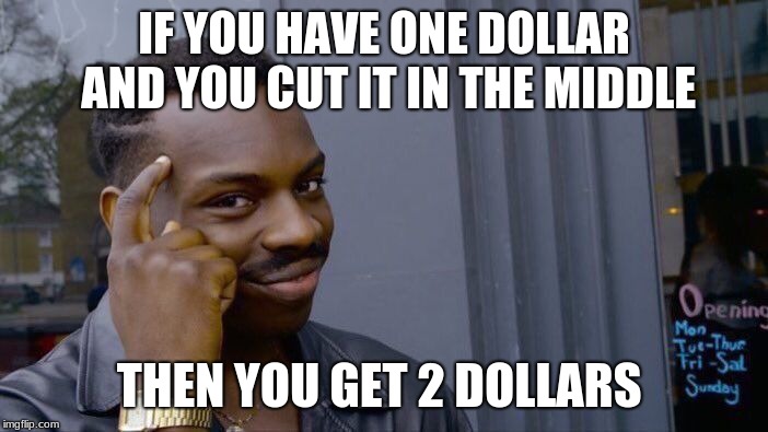 Roll Safe Think About It Meme | IF YOU HAVE ONE DOLLAR AND YOU CUT IT IN THE MIDDLE; THEN YOU GET 2 DOLLARS | image tagged in memes,roll safe think about it | made w/ Imgflip meme maker