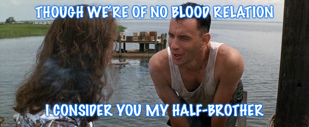 Lt Dan Gump Legs | THOUGH WE’RE OF NO BLOOD RELATION; I CONSIDER YOU MY HALF-BROTHER | image tagged in lt dan gump legs | made w/ Imgflip meme maker