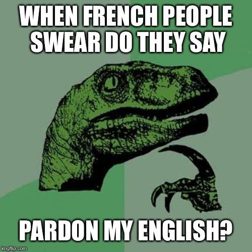 Philosoraptor Meme | WHEN FRENCH PEOPLE SWEAR DO THEY SAY; PARDON MY ENGLISH? | image tagged in memes,philosoraptor | made w/ Imgflip meme maker