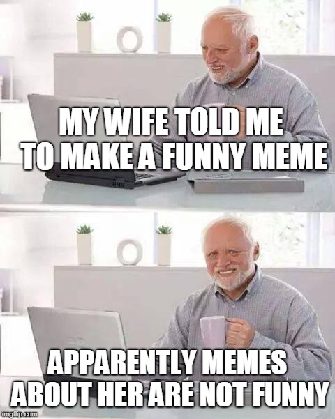 Hide the Pain Harold Meme | MY WIFE TOLD ME TO MAKE A FUNNY MEME; APPARENTLY MEMES ABOUT HER ARE NOT FUNNY | image tagged in memes,hide the pain harold | made w/ Imgflip meme maker