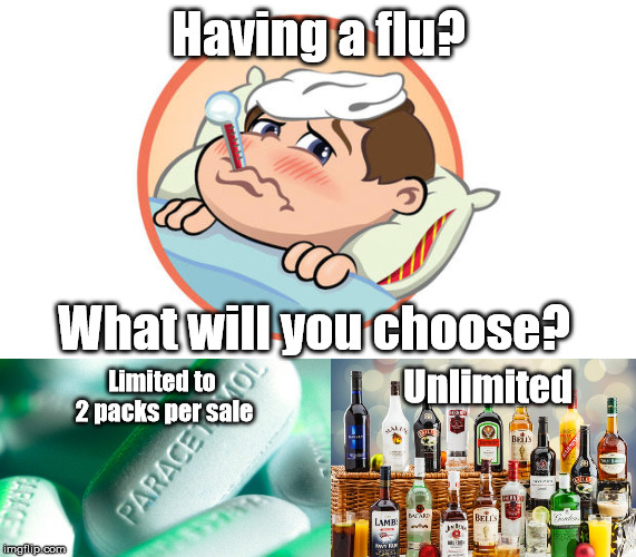 paracetamol limit | Having a flu? What will you choose? Limited to 2 packs per sale; Unlimited | image tagged in flu,cold,alcohol | made w/ Imgflip meme maker