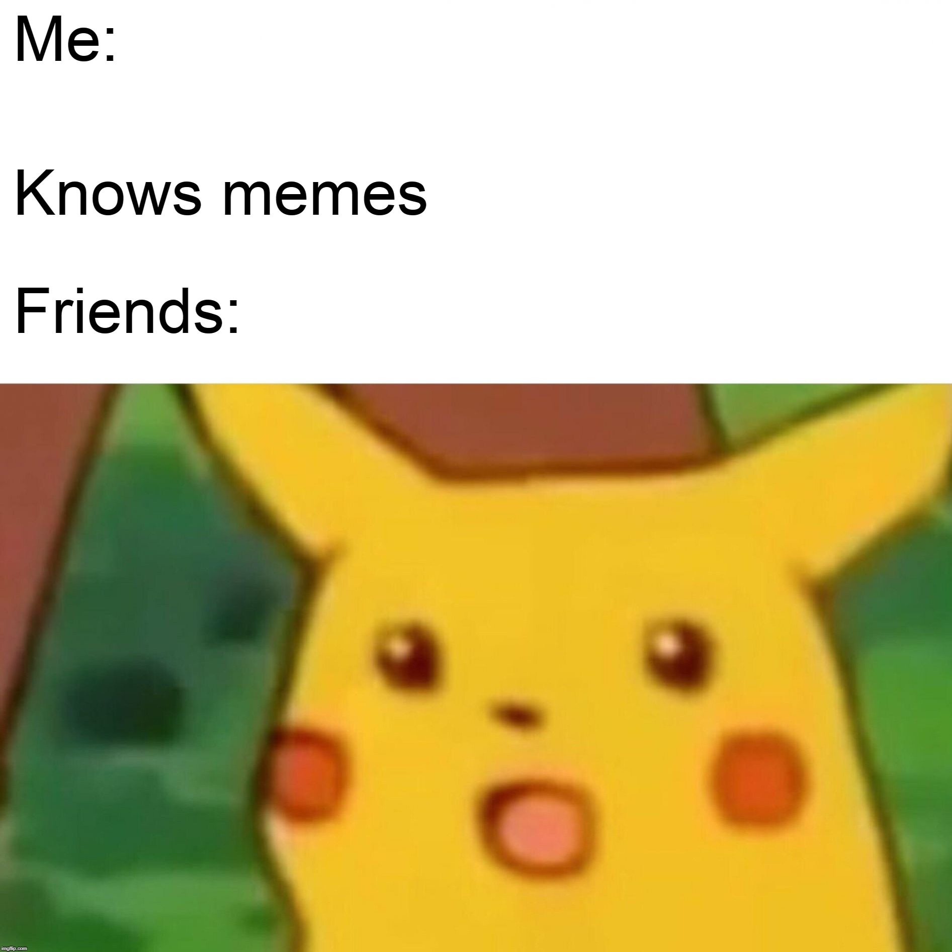 Surprised Pikachu | Me:; Knows memes; Friends: | image tagged in memes,surprised pikachu | made w/ Imgflip meme maker