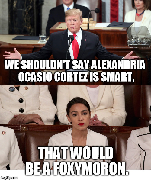 How would you say it? | WE SHOULDN'T SAY ALEXANDRIA OCASIO CORTEZ IS SMART, THAT WOULD BE A FOXYMORON. | image tagged in trump vs aoc sotu | made w/ Imgflip meme maker