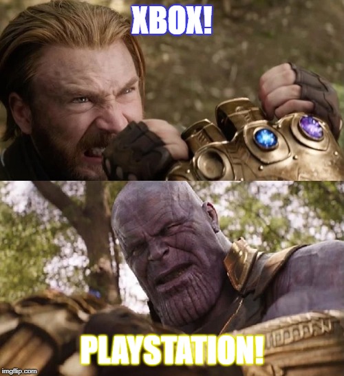 Avengers Infinity War Cap vs Thanos | XBOX! PLAYSTATION! | image tagged in avengers infinity war cap vs thanos | made w/ Imgflip meme maker