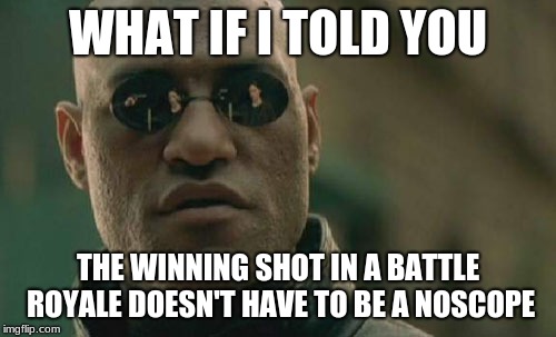 Matrix Morpheus | WHAT IF I TOLD YOU; THE WINNING SHOT IN A BATTLE ROYALE DOESN'T HAVE TO BE A NOSCOPE | image tagged in memes,matrix morpheus | made w/ Imgflip meme maker