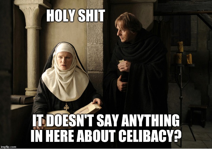 Holy Shit | HOLY SHIT; IT DOESN'T SAY ANYTHING IN HERE ABOUT CELIBACY? | image tagged in religion,religious humor,funny,nun,monk | made w/ Imgflip meme maker