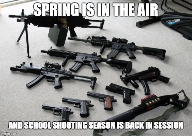 guns | SPRING IS IN THE AIR; AND SCHOOL SHOOTING SEASON IS BACK IN SESSION | image tagged in guns | made w/ Imgflip meme maker