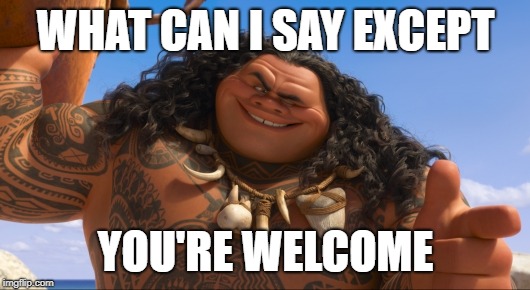 Maui - You're Welcome | WHAT CAN I SAY EXCEPT YOU'RE WELCOME | image tagged in maui - you're welcome | made w/ Imgflip meme maker