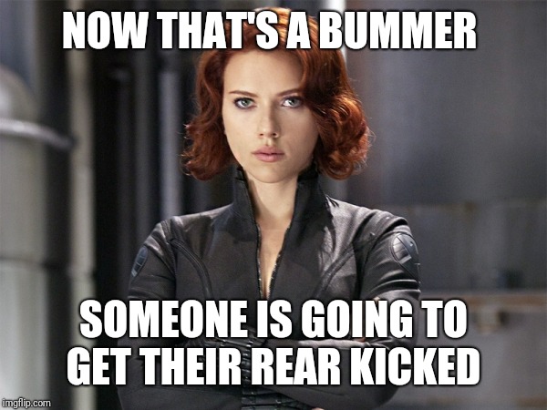 Black Widow - Not Impressed | NOW THAT'S A BUMMER SOMEONE IS GOING TO GET THEIR REAR KICKED | image tagged in black widow - not impressed | made w/ Imgflip meme maker
