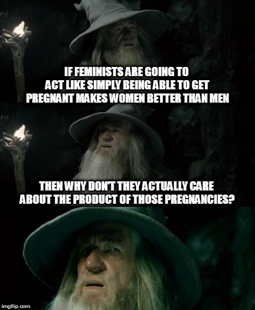 If it's so easy to abort, don't act like a uterus makes you special.  It's the whole reason you get special treatment anyways | IF FEMINISTS ARE GOING TO ACT LIKE SIMPLY BEING ABLE TO GET PREGNANT MAKES WOMEN BETTER THAN MEN; THEN WHY DON'T THEY ACTUALLY CARE ABOUT THE PRODUCT OF THOSE PREGNANCIES? | image tagged in memes,confused gandalf,abortion,politics | made w/ Imgflip meme maker