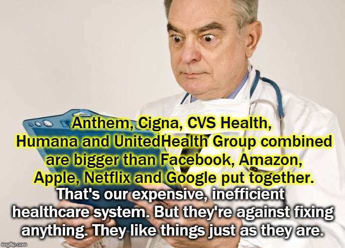 Anthem, Cigna, CVS Health, Humana and UnitedHealth Group combined are bigger than Facebook, Amazon, Apple, Netflix and Google put together. That's our expensive, inefficient healthcare system. But they're against fixing anything. They like things just as they are. | image tagged in insurance,big tech,healthcare,reform | made w/ Imgflip meme maker
