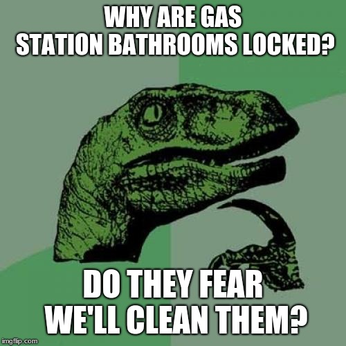 Perhaps they love germs. | WHY ARE GAS STATION BATHROOMS LOCKED? DO THEY FEAR WE'LL CLEAN THEM? | image tagged in memes,philosoraptor | made w/ Imgflip meme maker
