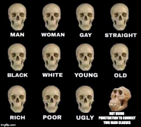 idiot skull | NOT USING PUNCTUATION TO CONNECT TWO MAIN CLAUSES | image tagged in idiot skull | made w/ Imgflip meme maker