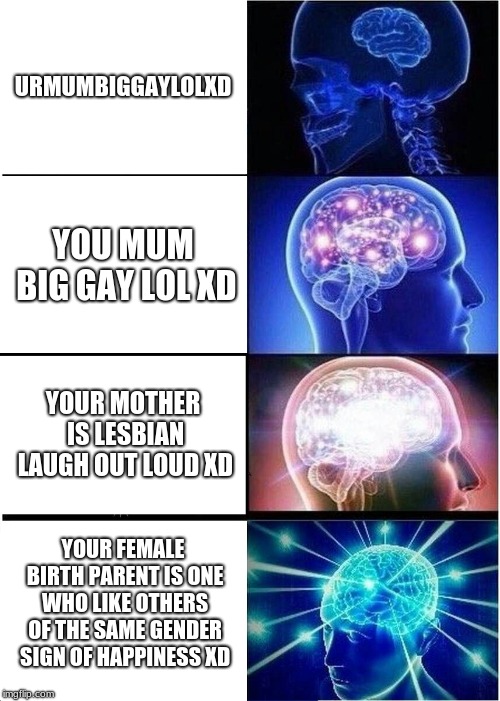 LOLXD | URMUMBIGGAYLOLXD; YOU MUM BIG GAY LOL XD; YOUR MOTHER IS LESBIAN LAUGH OUT LOUD XD; YOUR FEMALE BIRTH PARENT IS ONE WHO LIKE OTHERS OF THE SAME GENDER SIGN OF HAPPINESS XD | image tagged in memes,expanding brain | made w/ Imgflip meme maker
